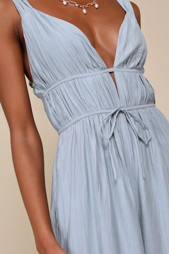 On the Dock Light Blue Crinkle Sleeveless Wide-Leg Jumpsuit sold by Lulus product image thumbnail 4