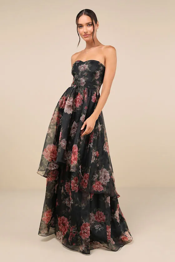 Truly Extraordinary Black Floral Organza Strapless Maxi Dress sold by Lulus