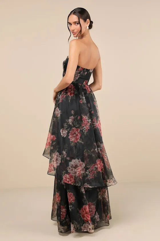 Truly Extraordinary Black Floral Organza Strapless Maxi Dress sold by Lulus product image thumbnail 2