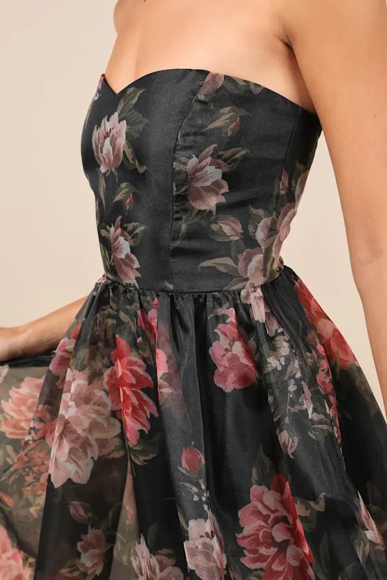 Truly Extraordinary Black Floral Organza Strapless Maxi Dress sold by Lulus product image thumbnail 3