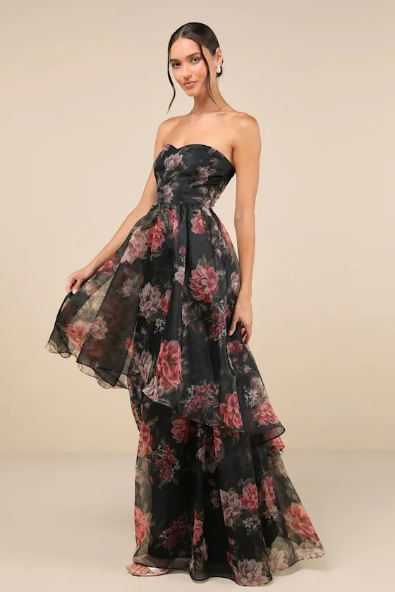 Truly Extraordinary Black Floral Organza Strapless Maxi Dress sold by Lulus product image thumbnail 4