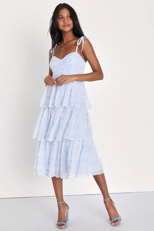 Vineyard Visit Blue Embroidered Tie-Strap Tiered Midi Dress sold by Lulus
