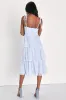 Vineyard Visit Blue Embroidered Tie-Strap Tiered Midi Dress sold by Lulus
