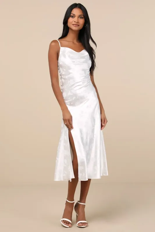 All About You White Floral Jacquard Satin Midi Dress sold by Lulus