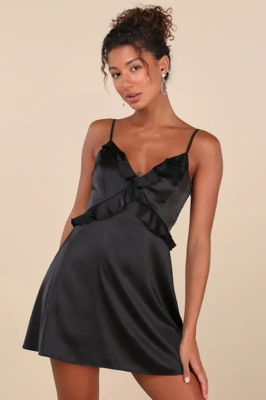 Novel Flirtation Black Satin Sleeveless Ruffled Mini Dress sold by Lulus