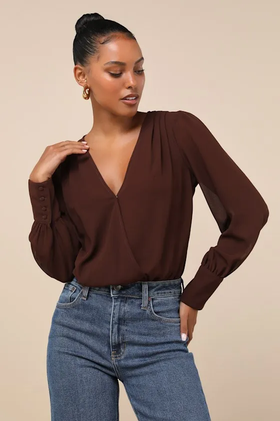 Sophisticated Aspect Brown Chiffon Surplice Long Sleeve Bodysuit sold by Lulus