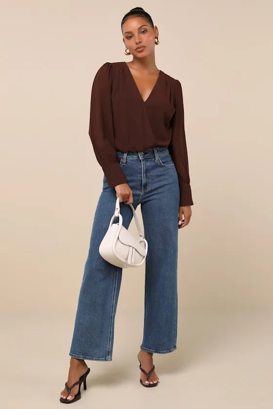 Sophisticated Aspect Brown Chiffon Surplice Long Sleeve Bodysuit sold by Lulus product image thumbnail 2