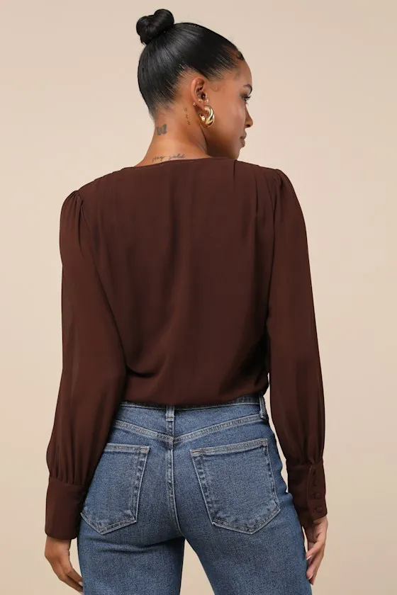 Sophisticated Aspect Brown Chiffon Surplice Long Sleeve Bodysuit sold by Lulus product image thumbnail 3
