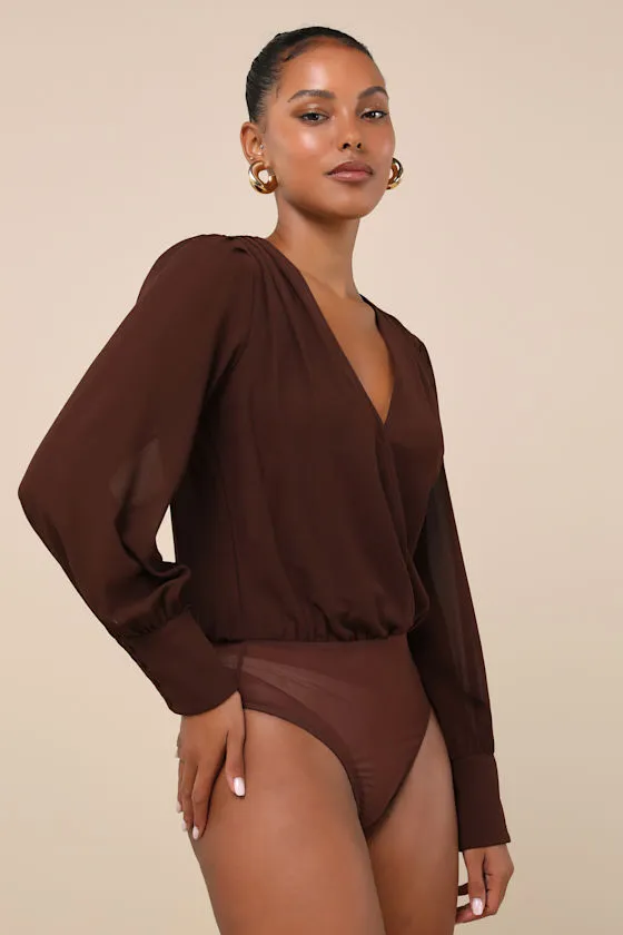 Sophisticated Aspect Brown Chiffon Surplice Long Sleeve Bodysuit sold by Lulus product image thumbnail 4