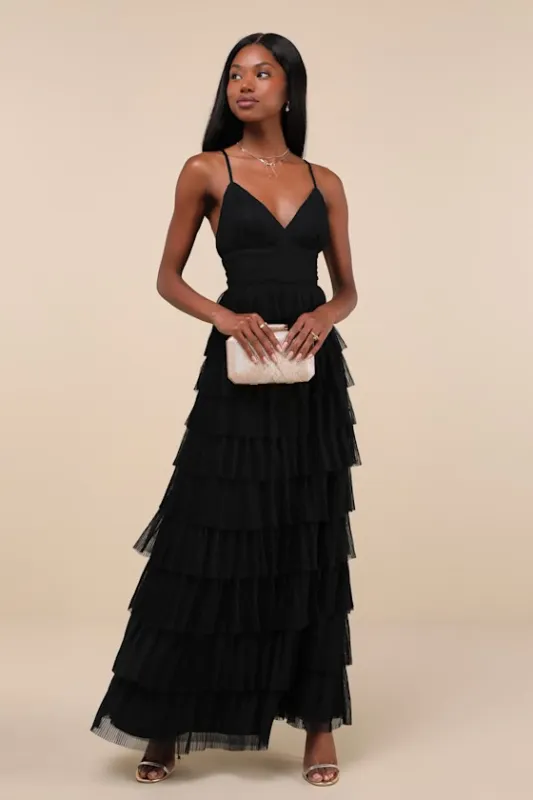 Radiant Event Black Mesh Tiered Pleated Backless Maxi Dress sold by Lulus