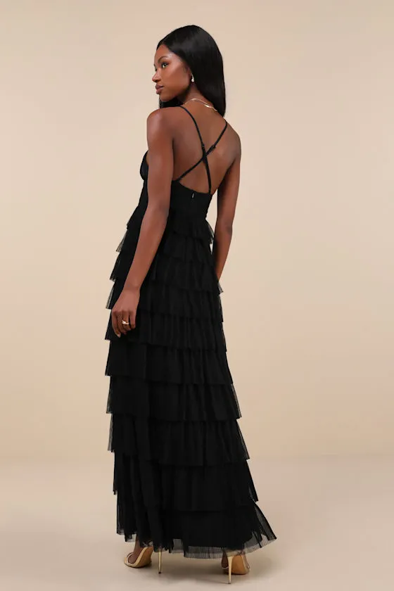 Radiant Event Black Mesh Tiered Pleated Backless Maxi Dress sold by Lulus product image thumbnail 2