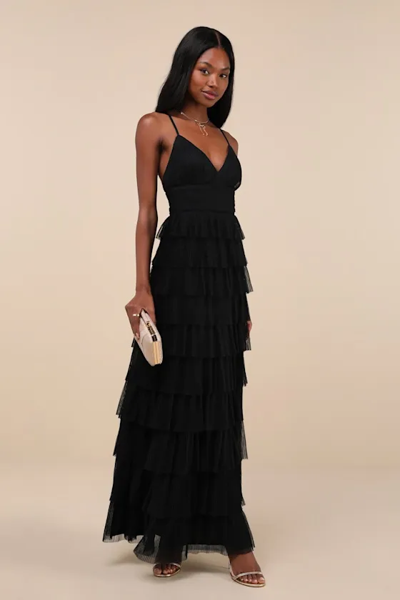 Radiant Event Black Mesh Tiered Pleated Backless Maxi Dress sold by Lulus product image thumbnail 3