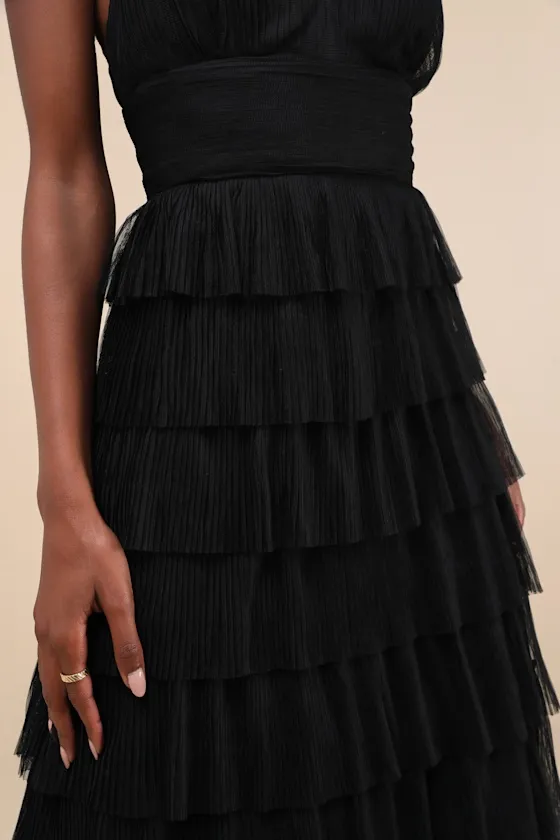 Radiant Event Black Mesh Tiered Pleated Backless Maxi Dress sold by Lulus product image thumbnail 4