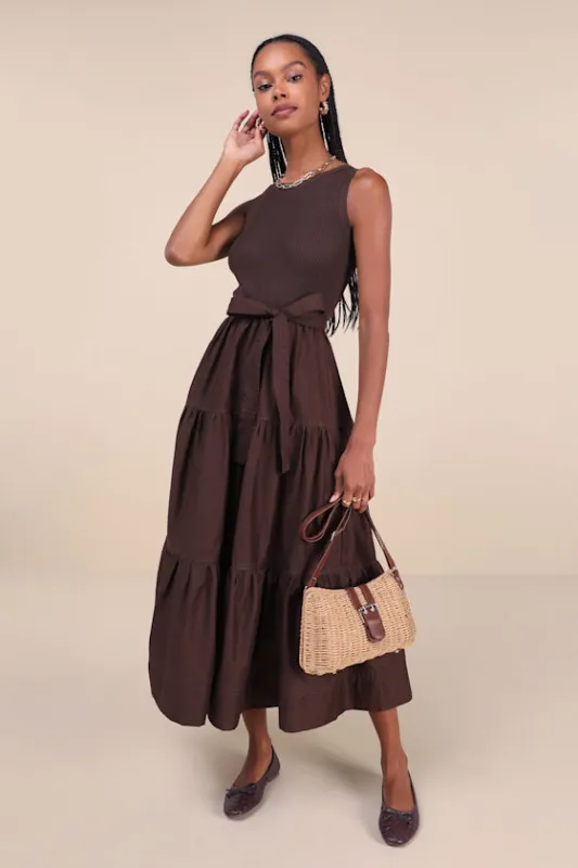 Complete Delight Brown Tiered Sleeveless Sash Belt Midi Dress made by Moon River