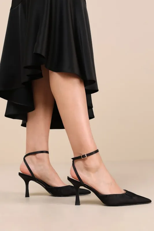 Margot Black Satin Pointed-Toe Ankle Wrap High Heel sold by Lulus