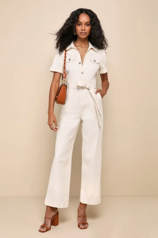 Practical Perfection Ivory Twill Short Sleeve Jumpsuit sold by Lulus