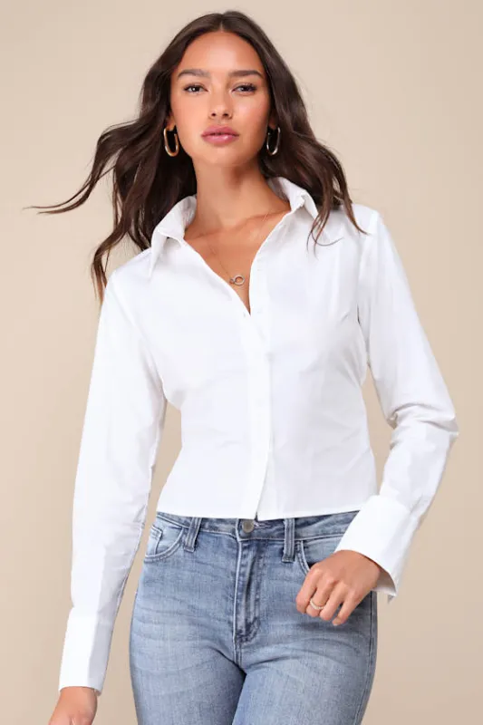 Majorly Charming Ivory Collared Button-Up Tie-Back Top sold by Lulus
