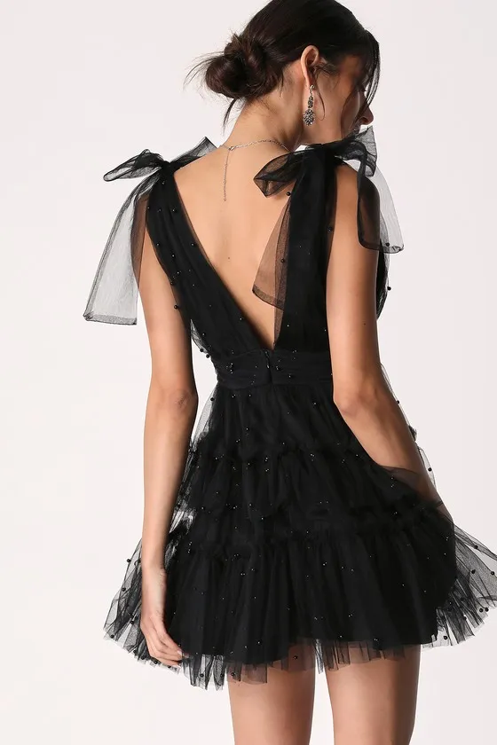 Tulle-Proof Black Tulle Beaded Tie-Shoulder Tiered Mini Dress sold by Lulus product image thumbnail 2