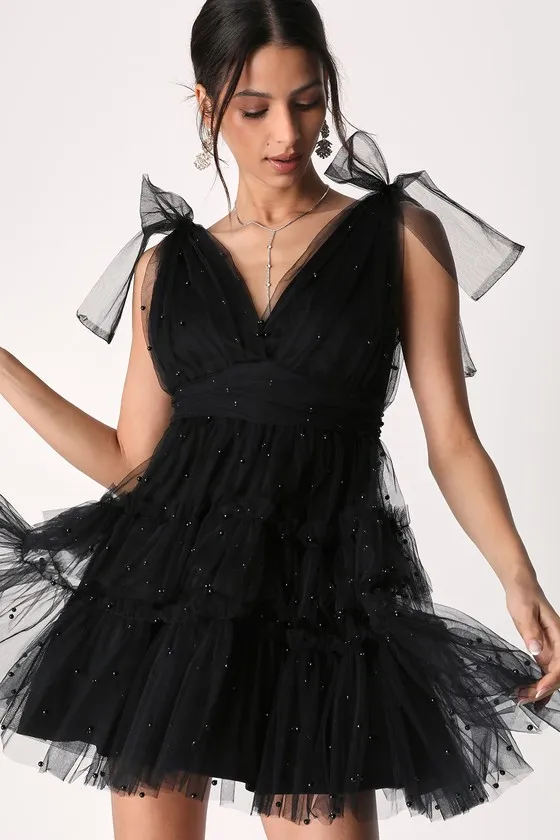 Tulle-Proof Black Tulle Beaded Tie-Shoulder Tiered Mini Dress sold by Lulus product image thumbnail 4