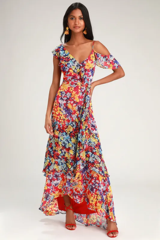 Radiant Ruby Red Floral Print Chiffon Maxi Dress sold by Lulus