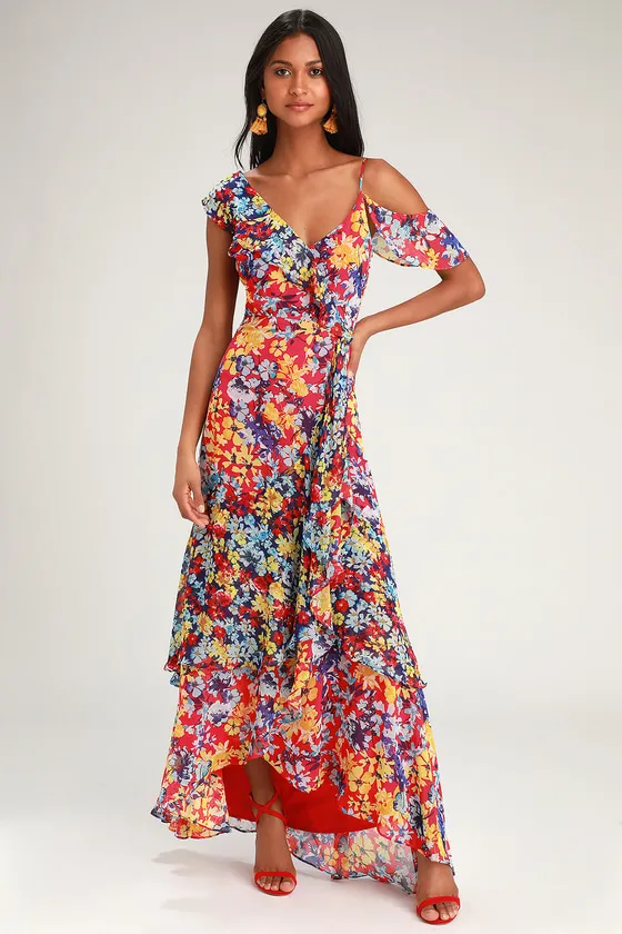 Radiant Ruby Red Floral Print Chiffon Maxi Dress sold by Lulus