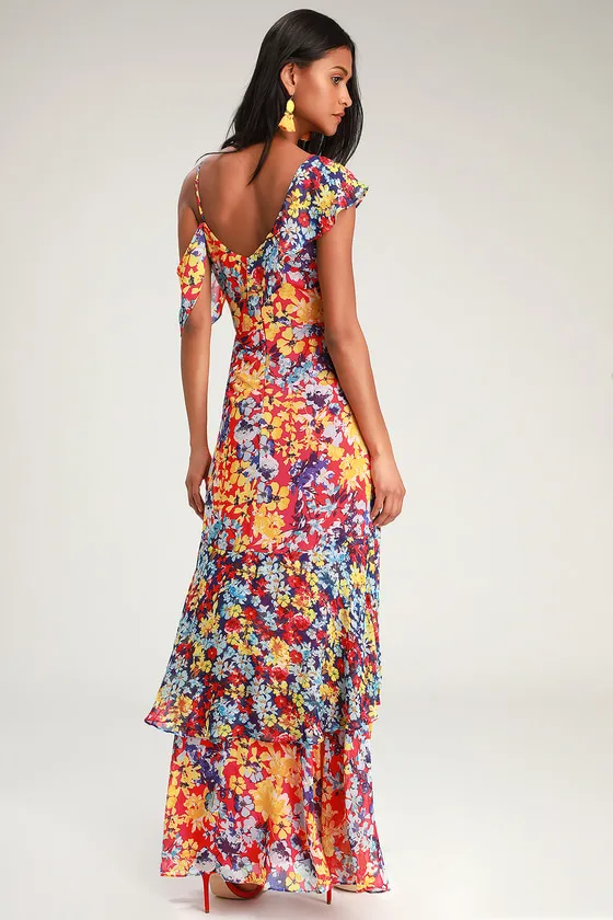 Radiant Ruby Red Floral Print Chiffon Maxi Dress sold by Lulus product image thumbnail 2