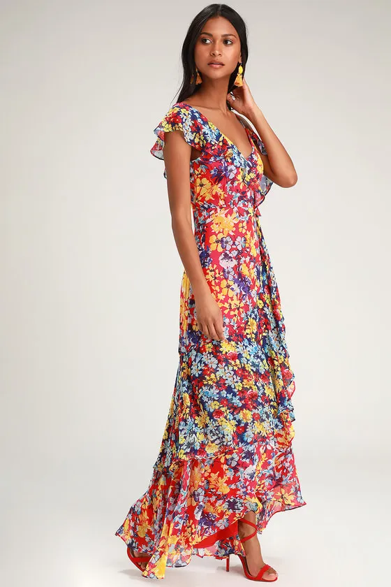 Radiant Ruby Red Floral Print Chiffon Maxi Dress sold by Lulus product image thumbnail 3
