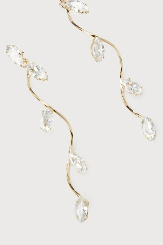 Tenderly Twining Gold Rhinestone Twisted Leaf Drop Earrings sold by Lulus