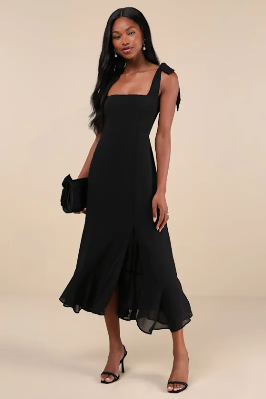 Summer Invite Black Tie-Strap Tiered Midi Dress sold by Lulus
