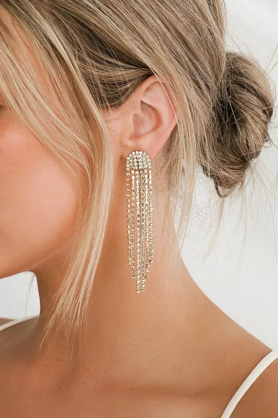 Glitz Gold Rhinestone Tassel Earrings sold by Lulus