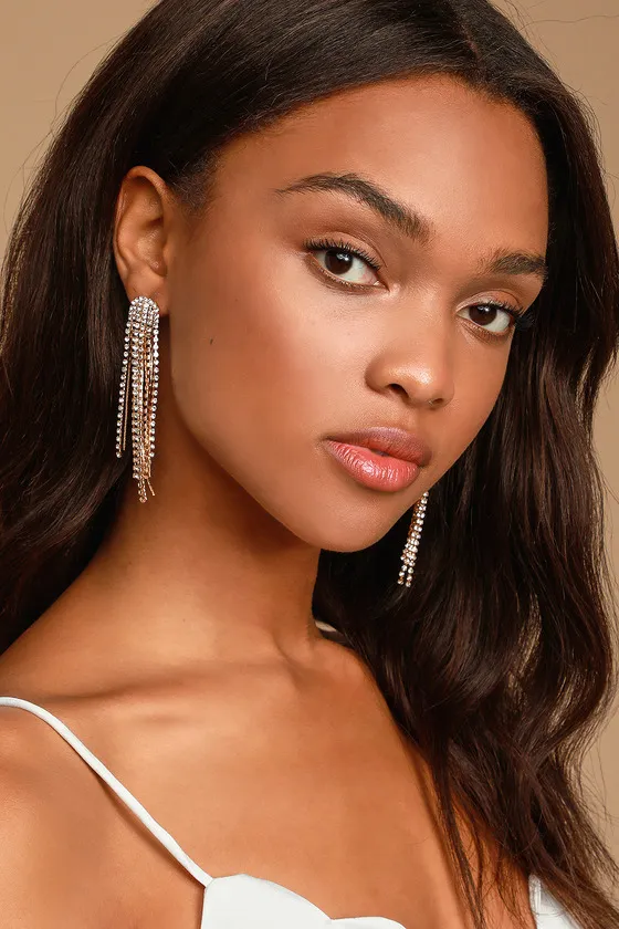 Glitz Gold Rhinestone Tassel Earrings sold by Lulus product image thumbnail 2
