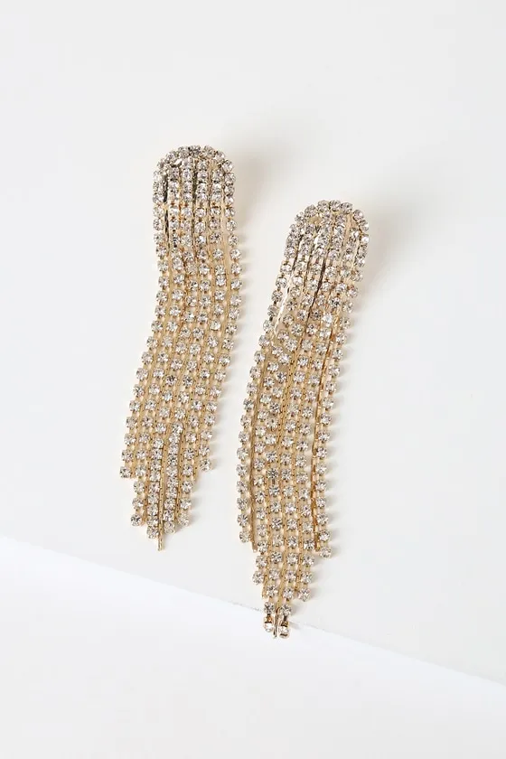Glitz Gold Rhinestone Tassel Earrings sold by Lulus product image thumbnail 3