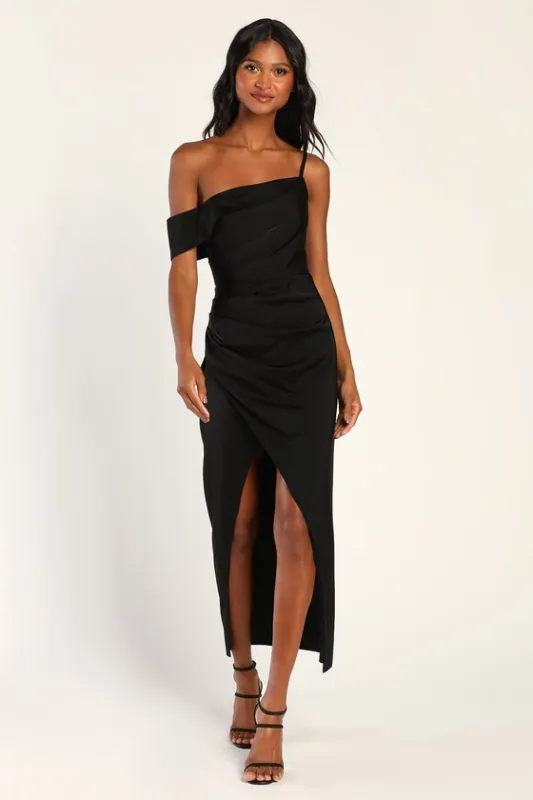 Showing Off a Little Black Asymmetrical Tulip Midi Dress sold by Lulus