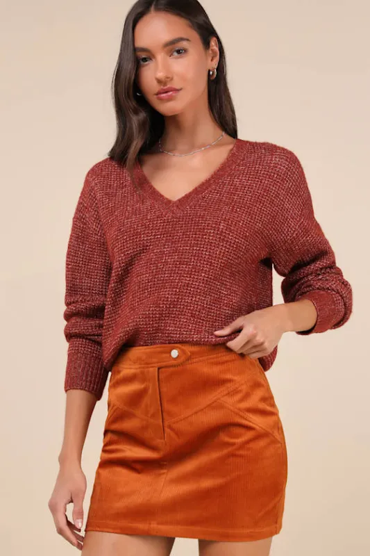 Perfected Cuteness Rust Orange Corduroy High-Rise Mini Skirt sold by Lulus