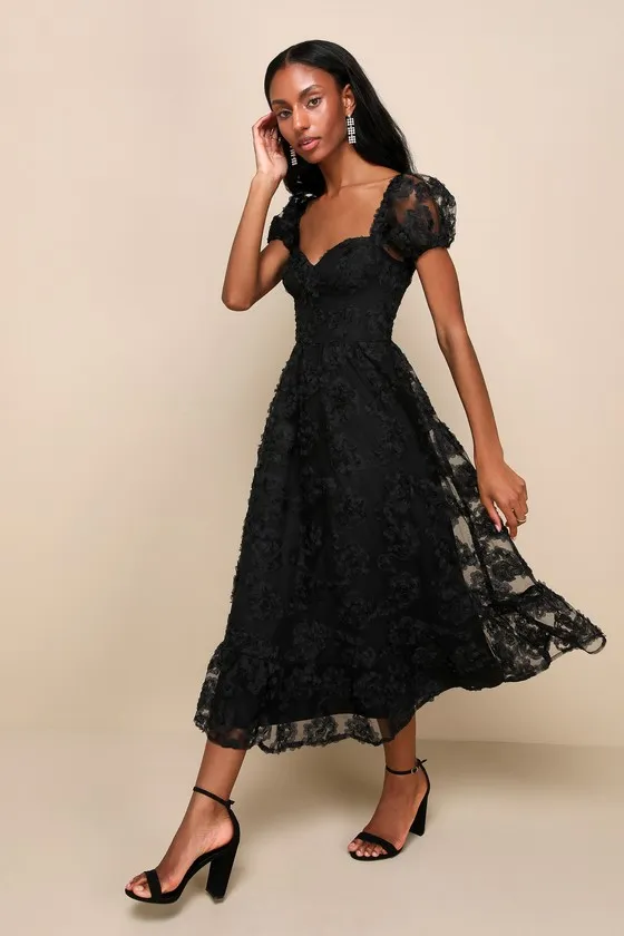 Notable Elegance Black Mesh Floral Applique Bustier Midi Dress sold by Lulus