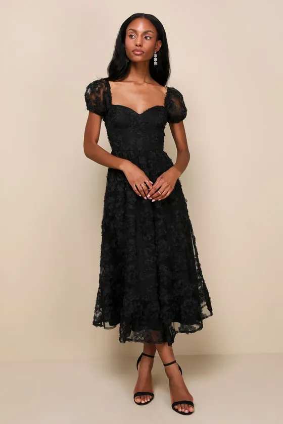 Notable Elegance Black Mesh Floral Applique Bustier Midi Dress sold by Lulus product image thumbnail 2