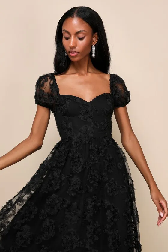 Notable Elegance Black Mesh Floral Applique Bustier Midi Dress sold by Lulus product image thumbnail 4