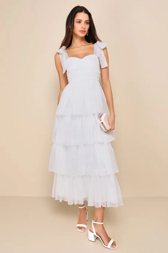 Radiant Arrival Shiny White Organza Tiered Tie-Strap Maxi Dress sold by Lulus