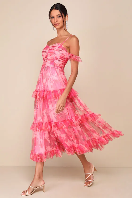 Exquisite Existence Pink Floral Mesh Pleated Ruffled Midi Dress sold by Lulus