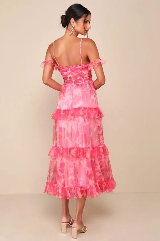 Exquisite Existence Pink Floral Mesh Pleated Ruffled Midi Dress sold by Lulus product image thumbnail 2
