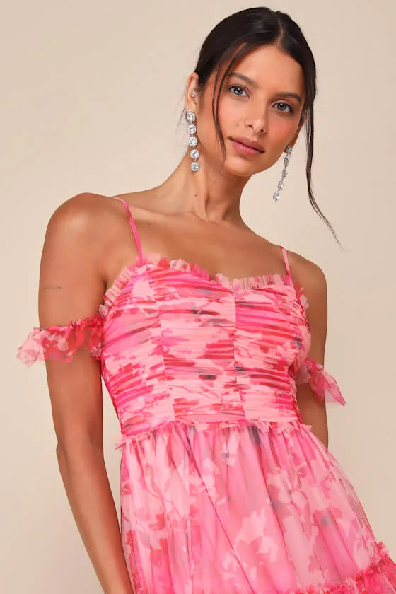 Exquisite Existence Pink Floral Mesh Pleated Ruffled Midi Dress sold by Lulus product image thumbnail 3