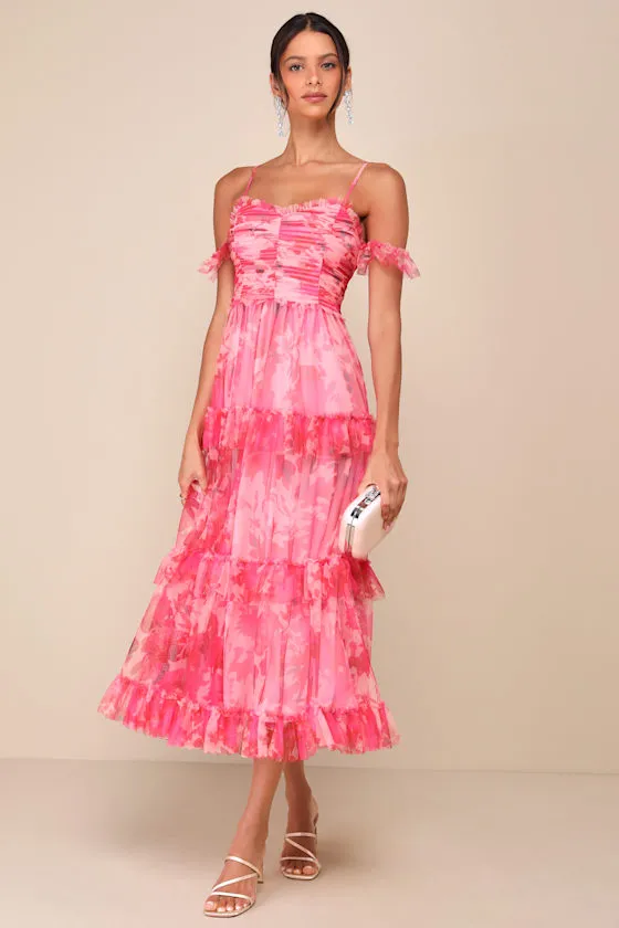 Exquisite Existence Pink Floral Mesh Pleated Ruffled Midi Dress sold by Lulus product image thumbnail 4