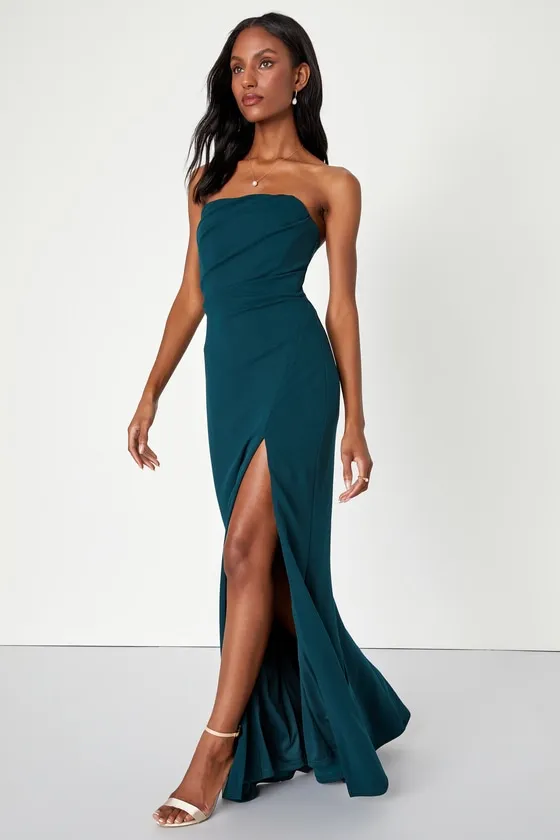 Marvelous Entrance Emerald Green Pleated Strapless Maxi Dress sold by Lulus