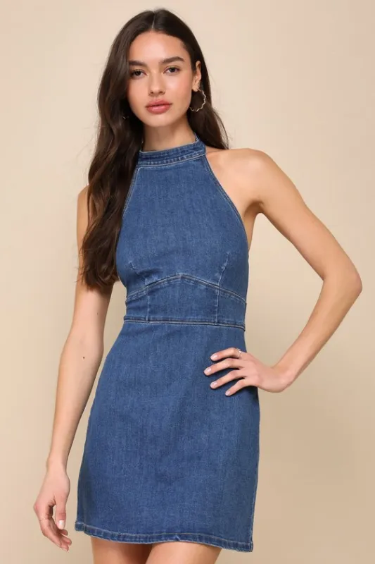 Summery Outing Dark Wash Backless Denim Halter Mini Dress sold by Lulus