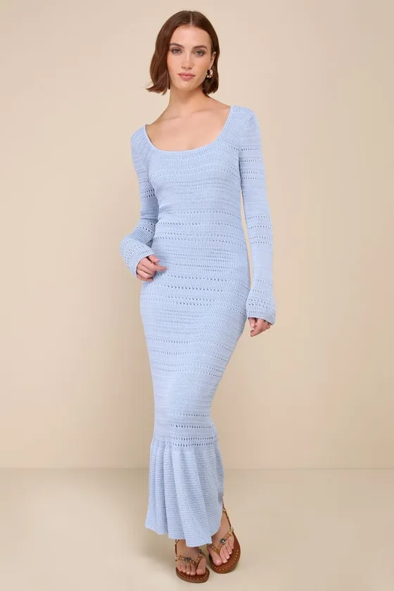 Sunset Moments Light Blue Crochet Long Sleeve Trumpet Midi Dress sold by Lulus