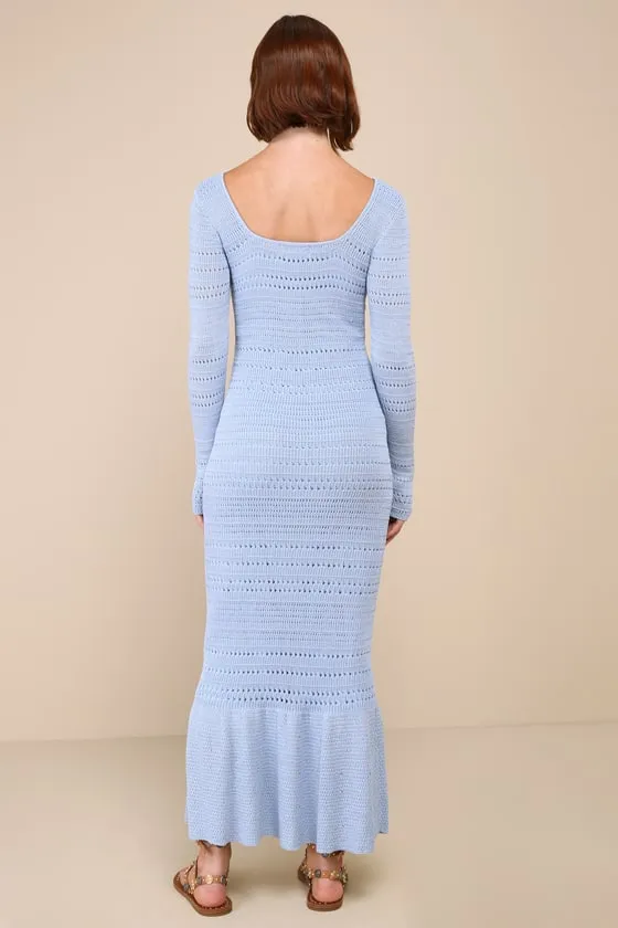 Sunset Moments Light Blue Crochet Long Sleeve Trumpet Midi Dress sold by Lulus product image thumbnail 2