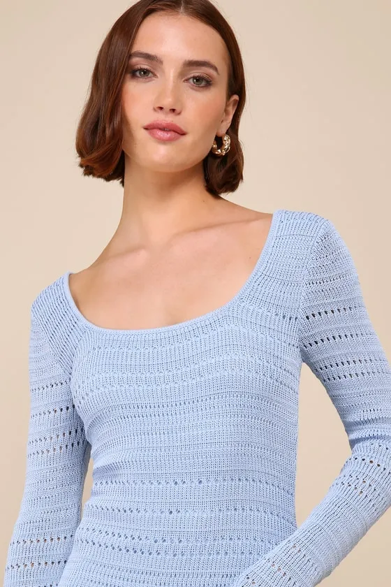 Sunset Moments Light Blue Crochet Long Sleeve Trumpet Midi Dress sold by Lulus product image thumbnail 3