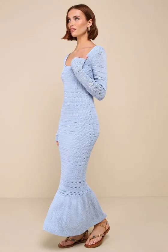 Sunset Moments Light Blue Crochet Long Sleeve Trumpet Midi Dress sold by Lulus product image thumbnail 4