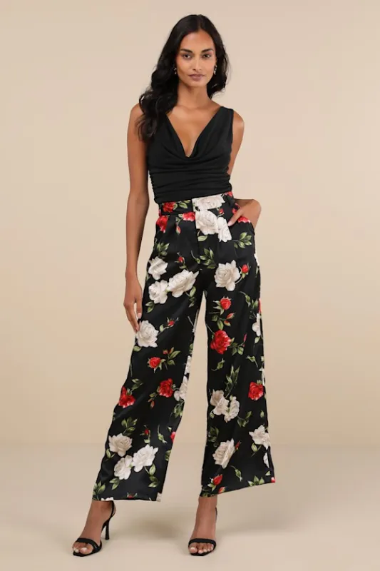 Lovely Sensation Black Floral Satin Wide-Leg Trousers sold by Lulus