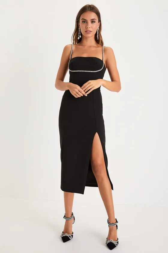Upscale Flirt Black Rhinestone Sleeveless Bodycon Midi Dress sold by Lulus